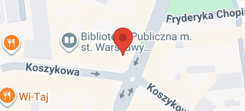 Mapa pokazująca lokalizację Koszykowa 24, 00-553 Warszawa, Polska, w pobliżu Biblioteki Publicznej w Warszawie i ulicy Fryderyka Chopina.